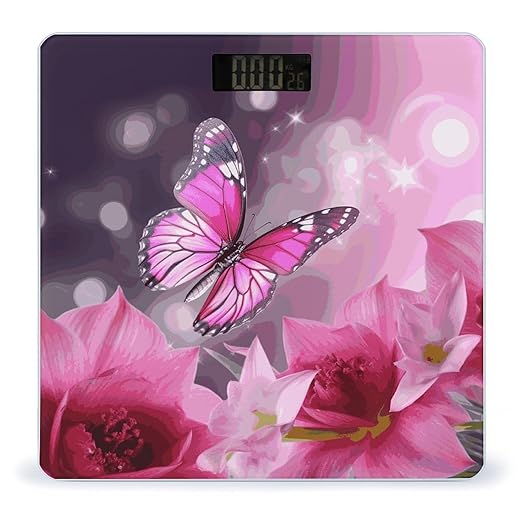 Pink Flower and Butterfly Bathroom Scale Automatic Power On/Off Body Scales LCD Backlight Display Square Digital Scale Rounded Corners Bathroom Scales for Home Bedrooms