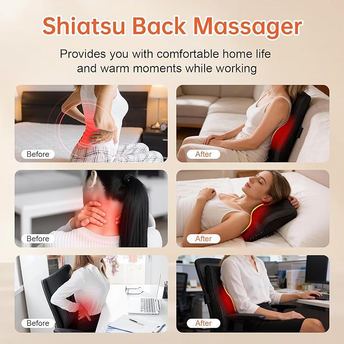 Back Massager with Heat for Pain Deep Tissue 3D Kneading Massage Pillow for Shoulder Back Neck Leg Body Relaxation at Home Office Gifts for Mom Dad Women Men