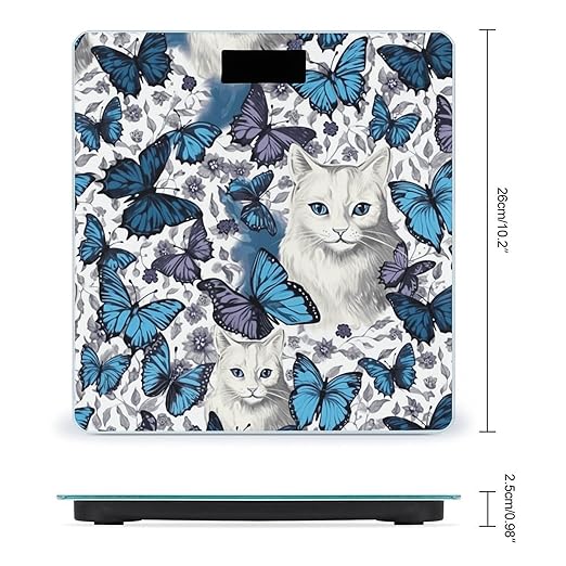 Blue Butterfly and White Cat Scale for Body Weight Highly Accurate Digital Bathroom Scale Sturdy Tempered Glass Weighing Scales with LCD Display Fashion Body Fat Smart Scales 400lb