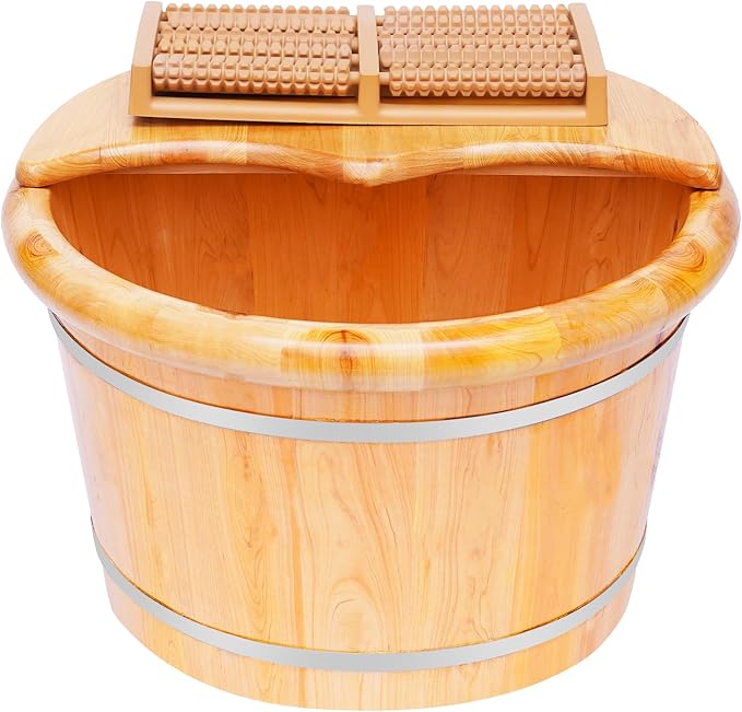 Wood Foot Tub with Massager Roller and Lid Cedar Wooden Foot Bath Barrel Feet Soaking Basin for Soaking Feet Stress Relief Relaxation
