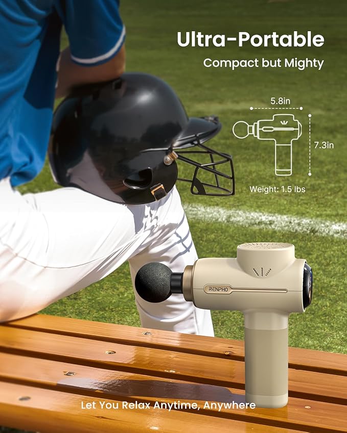 RENPHO Active Massage Gun Deep Tissue Percussion Massager for Back and Neck Portable Handheld Massager with 5 Speeds 5 Attachments Carry Case Beige