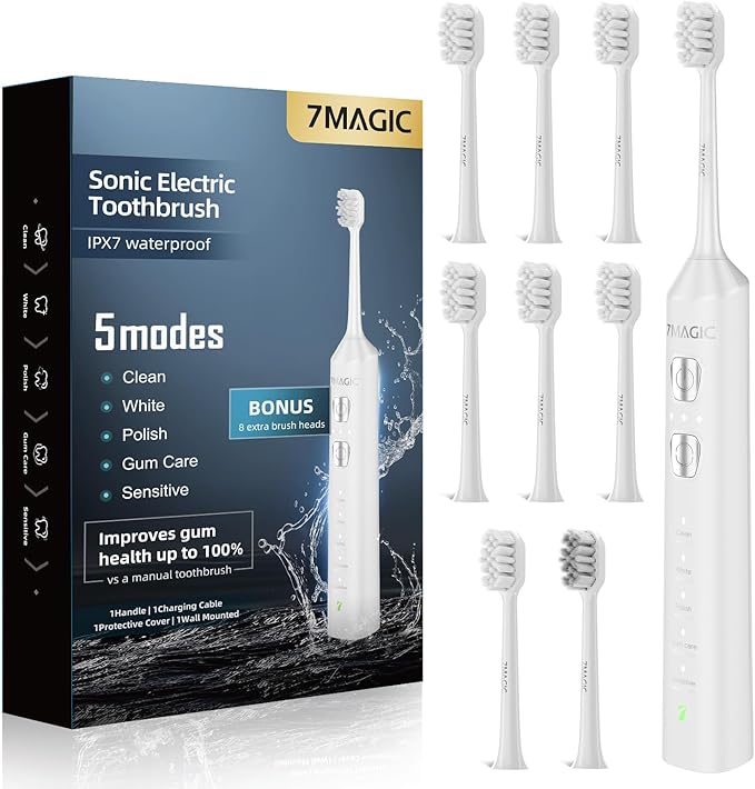 7MAGIC Sonic Electric Toothbrush for Adults and Kids - Up to 180 Days Runtime 42000 VPM Powered Toothbrush 5 Modes &amp 3 Intensities for Sensitive Teeth &amp Braces Includes 8 Brush Heads White