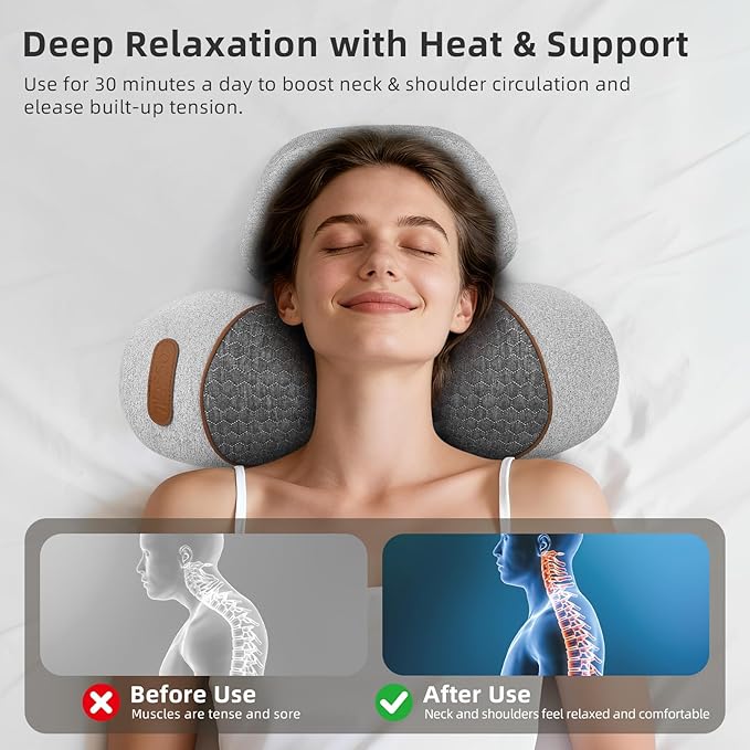 3-in-1 Neck Massager Pillow with Heat Massage &amp Stretcher Traction Massager for Neck Hump Shoulder &amp Muscle Relaxation Pain Relief &amp Cervical Support Ideal Gift for Women &amp Men