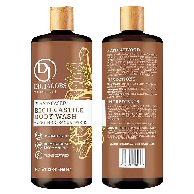 Dr. Jacobs Naturals Pure Castile Soap Liquid Body Wash Sandalwood - Plant Based Soap Infused with Vitamin E and Aloe Vera to Moisturize Dry and Sensitive Skin - Made in the USA - 32 oz Pack of 2