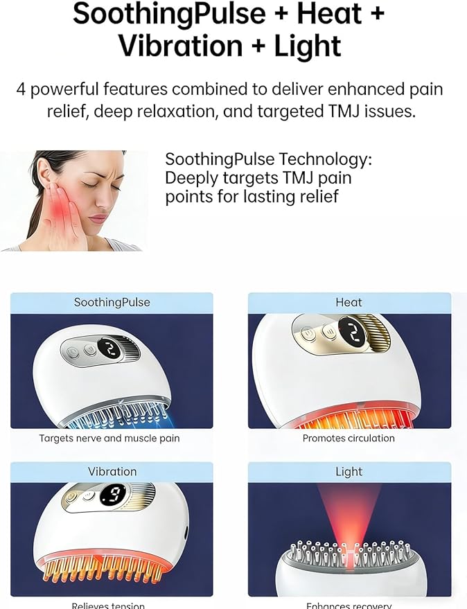 TMJ Relief Products Jaw TMJ Massager with Vibration and Heating Ergonomic Multi-Needle TMJ Massage Tool for Jaw &amp Neck Pain Clenching &amp Teeth Grinding (White)