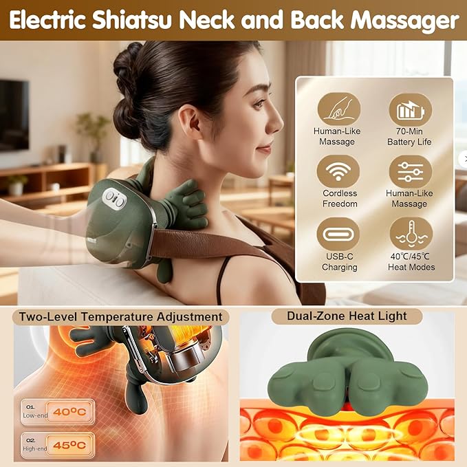 Siasoo Neck Massager With Heat-Wireless Portable Shiatsu Neck and Shoulder Deep Tissue 4D Kneading Back Massage With FingersSimulated Human Hand Design for Muscle Relax Massager Easter Gift for Mom