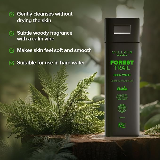 Villain Forest trail Body Wash Infused with Hard Water Softener Shower Gel for Men Hyaluronic Acid Almond Oil Vitamin E Hydrating and Moisturizing Skin Friendly Paraben Free Vegan Body Cleanser