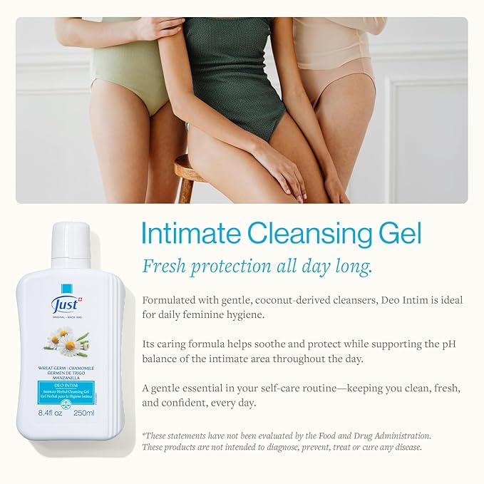 SwissJust Deo Intim Cleansing Gel 250ml. Feminine Wash Formulated with Rich Ingredients. A Delicate Cleansing Gel and pH Balancing Cleanser. Moisturizing Feminine Care &amp Gentle Wash