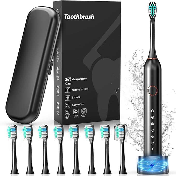 Electric Toothbrush Sonic Type for Adults &amp Teens 8 Brush Heads Travel Case 6 Modes 40000 VPM Electric Motor 90