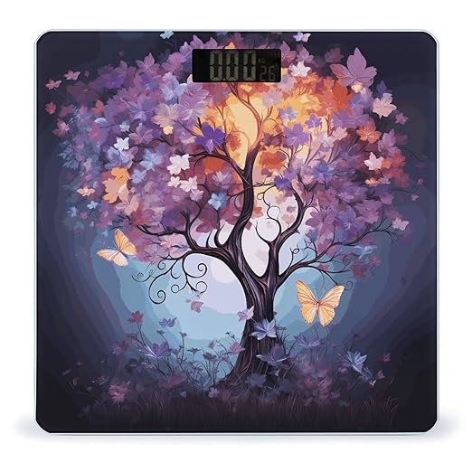 Colorful Flower Butterfly Tree Bathroom Scale for Body Weight Bathroom Digital Electronic Weighing Scale with Back Lit LED Display Sturdy Tempered Glass Weight Watchers Scales 400lb