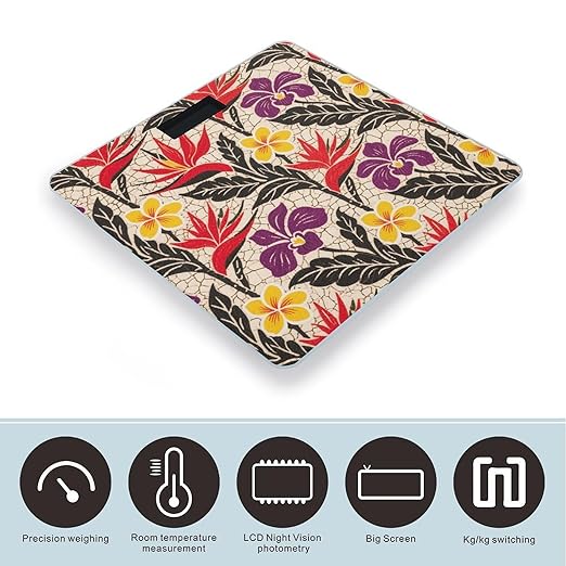 Tropical Flower Weight Scale Large Bathroom Scales Digital Weight with Bright LED Display Non Slip Automatic Weighing Scale Fashion Weighing Machine for Body