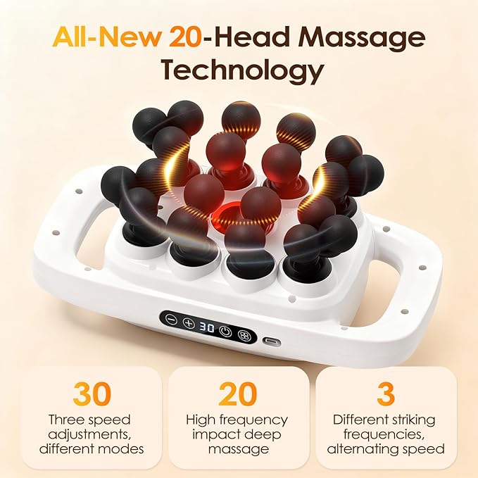 20-Head Massage Gun Set Deep Tissue Percussion Massager with 3 Modes &amp 30 Intensities Muscle Massager Pain Relief Portable Massage Gun for Back/Shoulders/Legs/Waists (White20-Head)