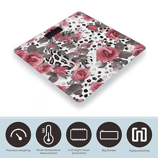 Cute Pink Rose Mix Leopard Pattern Scale for Body Weight Digital Bathroom Scale Precision Smart Weighing Scales with Clear LED Display Accurate High Precision Scales Weighing Machine