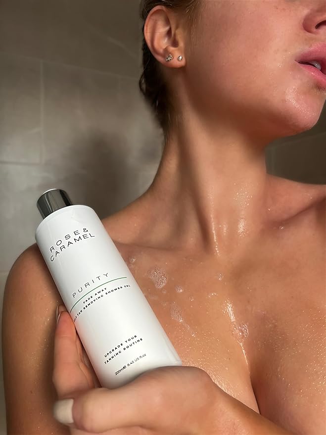 Rose &amp Caramel Purity Fade Away Self Tan Removing Shower Gel (250ml). Effective Self Tan Eraser Fresh Fruity Fragrance Gentle Exfoliator. Removes All Fake Tan Brands Vegan Cruelty Free