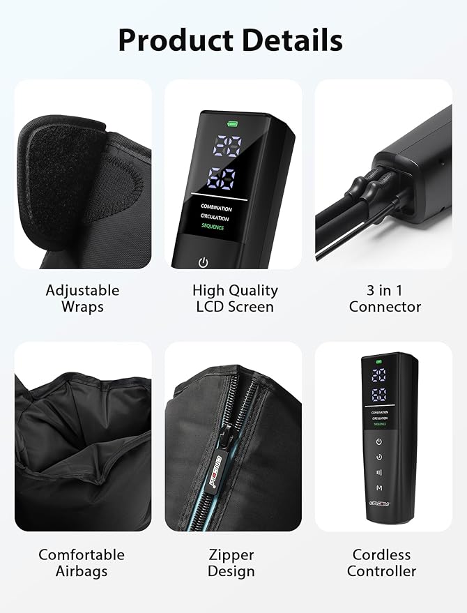 CINCOM Cordless Air Compression Massager - Rechargeable Leg &amp Foot Boots with 3 Modes 10 Intensity Levels 5 Timer Settings for Circulation Pain Relief Edema RLS &amp Recovery