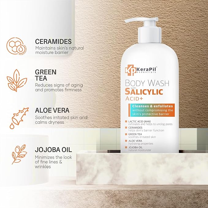 Exfoliating Body Wash With Salicylic Acid - Gentle Exfoliates Rough and Bumpy Skin KP and Acne with BHA &amp AHA - Unscented Body Wash Made in USA - (16 fl oz)