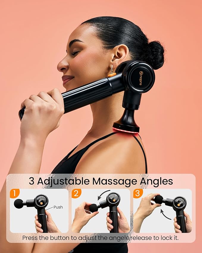 NAPRE Massage Gun with HeatMassage Gun Deep Tissue with Extension Handle &amp 3 Adjustable AnglesHandheld Percussion Back Massager for Muscle/Neck/Body Pain Relief6 Heads &amp Silentwith CaseBl