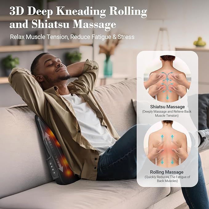 Cordless Low Back Massger with Heat - 4D Kneading Lower Back Massager for Pain Relief Deep Tissue Portable Shiatsu Massager for Back Waist