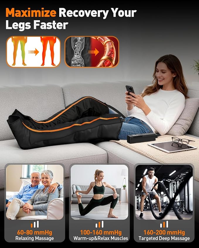 DEKEMASTER Air Compression Leg Massager for Circulation and Pain Relief Professional Full Leg Compression Boots for Massage Therapy with Adjustable 9 Intensities Recovery Boots for Women Men