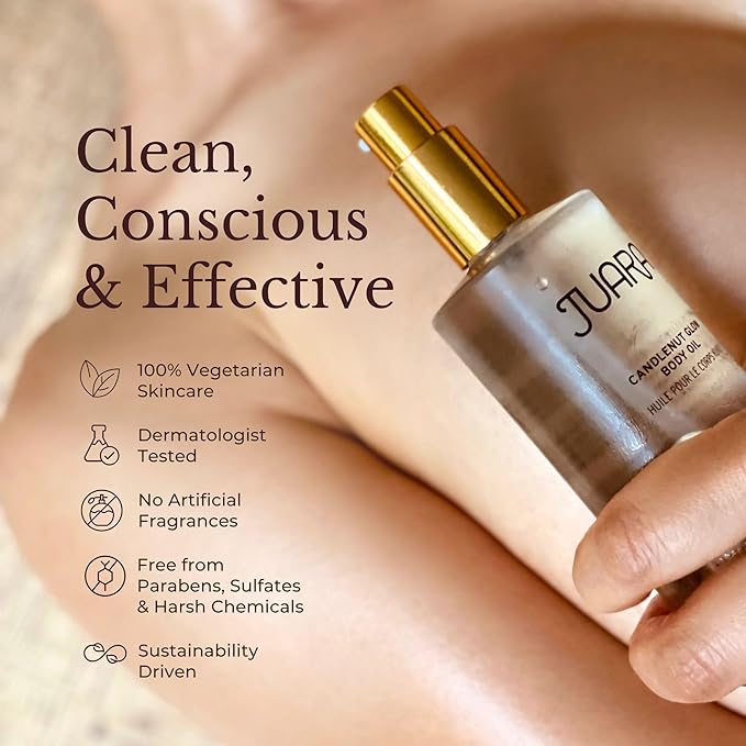 Juara Candlenut Glow Body Oil - Lightweight Dry Oil with Coconut &amp Moringa - Hydrating Body Moisturizer for Dewy Luminous Skin - Fast Absorbing Non-Greasy Formula - Natural Botanical Blend
