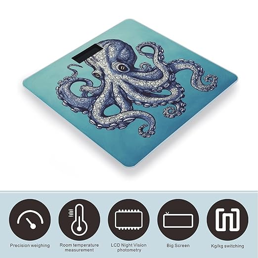 Octopus DesignScale for Body Weight with LCD High Precision Weighing Scales Fashion Sturdy Tempered Glass Weight Scales Easy-to-Read Digital Bathroom Scale for Daily 400lb
