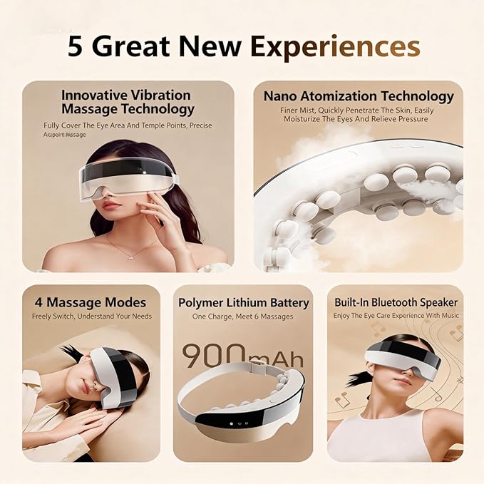 DAROMA Eye Massager with Heat &amp Steam 3-in-1 Steam Eye Mask for Dry Eyes Adjustable Mist &amp 4 Massage Modes 14 Soft Silicone Heads Music &amp Gift