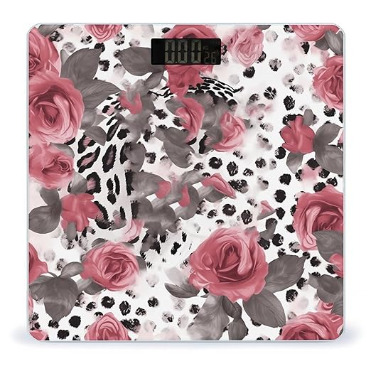 Cute Pink Rose Mix Leopard Pattern Bathroom Scale for Body Weight LCD Display Digital Bathroom Scale Tempered Glass Bathroom Weight Scales Fashion Smart Scales for Home Bedroom 400 Lb