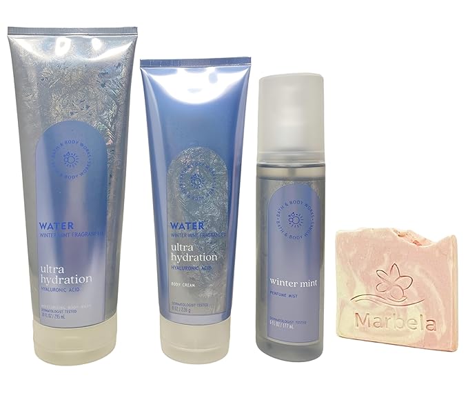 Bath &amp Body Works Water Winter Mint Moisturizing Body Wash Body Cream and Perfume Mist with a Himalayan Salts Springs Sample Soap