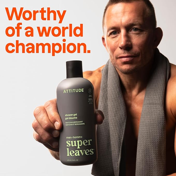 ATTITUDE Shower Gel Body Wash for Men 98% Natural Origin Ingredients Paraben &amp Phthalate Free EWG Verified Cleanses Without Drying Matcha &amp Bergamot 14 Fl Oz (Pack of 3)