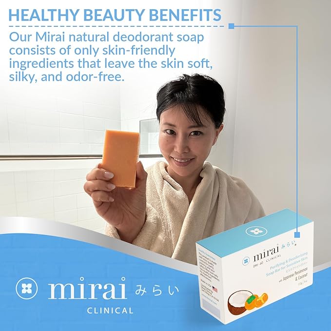 Mirai Clinical Body Odor Eliminator Bundle: Renewing Body Wash &amp Persimmon Soap Bar Set - Natural Deodorizing with Persimmon &amp Green Tea Extracts - Nonenal Elimination for Women &amp Men - 9.