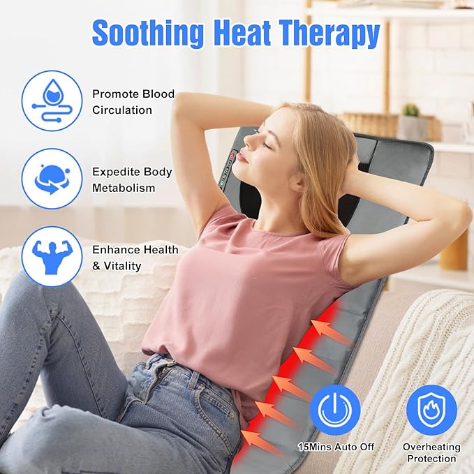 Full Body Massage Mat with HeatElectric Massage Pad with Shiatsu Neck Back Massage PillowMassage Mattress Chair Pad W/ 10 Vibration Motors 3 Heating Levels for NeckBack&ampFull Body Pain Relief