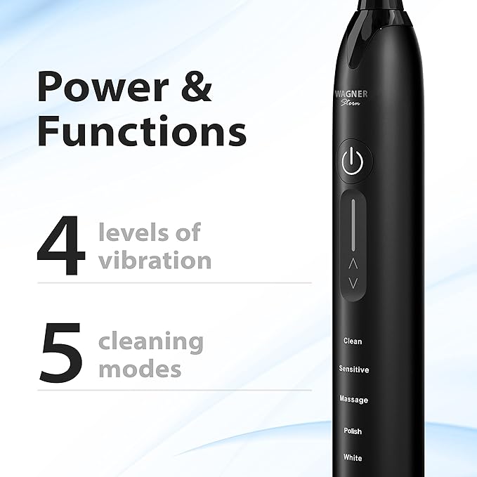 Wagner Stern Ultrasonic whitening Toothbrush with Pressure Sensor. 5 Brushing Modes and 4 Levels of Intensity 8 Soft bristles Travel case.