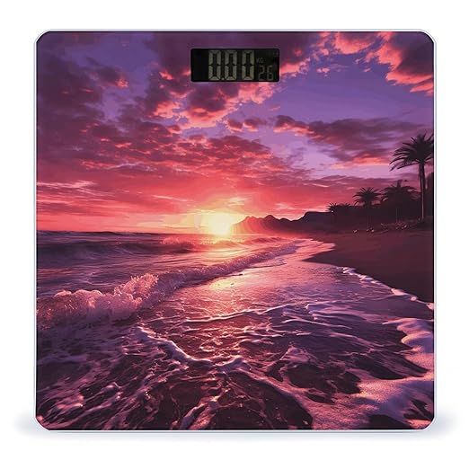 Pink Beach Sunset Scale for Body Weight Anti-Slip Tempered Glass Digital Bathroom Scales Clear LCD Display Weighing Scale Safe Rounded Corners Smart Scales
