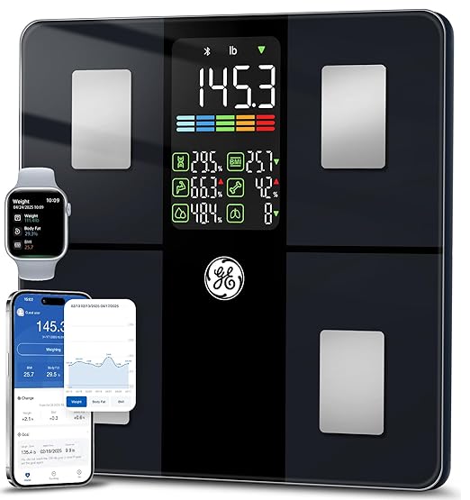 GE Scale for Body Weight Body Fat BMI Muscle Mass Smart Bathroom Scales with 14 Body Composition Metrics with Large Display Accurate Bluetooth Weighing Machine with Fitness App 400 lbs Black