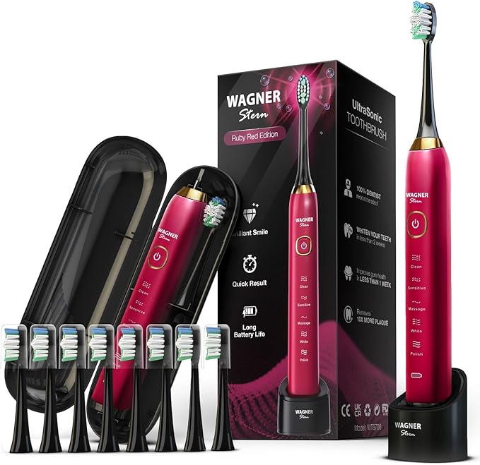 Wagner Stern The Ruby Red Edition ultrasonic whitening Electric Toothbrush Features Five Brushing Modes Eight Soft Brush Heads and a Premium Travel case.