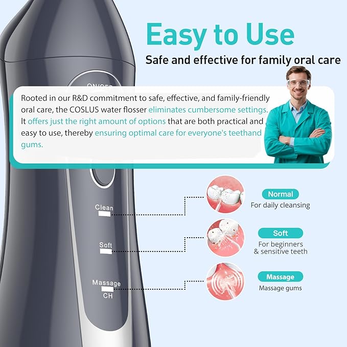 COSLUS Water Dental Flosser Teeth Pick C20(F5020E): Portable Cordless Oral Irrigator 300ML Rechargeable Travel Irrigation Cleaner IPX7 Waterproof Electric Flossing Machine for Teeth Cleaning Grey