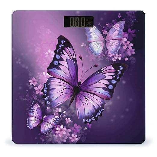 Beautiful Purple Butterfly Art Scale for Body Weight Safe Rounded Corners Tempered Glass Digital Bathroom Scale LED Display 400lb Capacity Weight Scales with High Precision Sensors