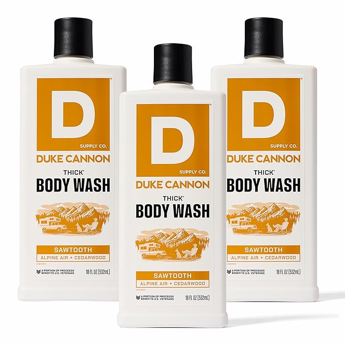 Duke Cannon THICK Body Wash for Men – Sawtooth Alpine Air &amp Cedarwood Scent 3X Thicker Formula Mineral-Enriched Exfoliation Sulfate &amp Paraben Free 18 oz (Pack of 3)