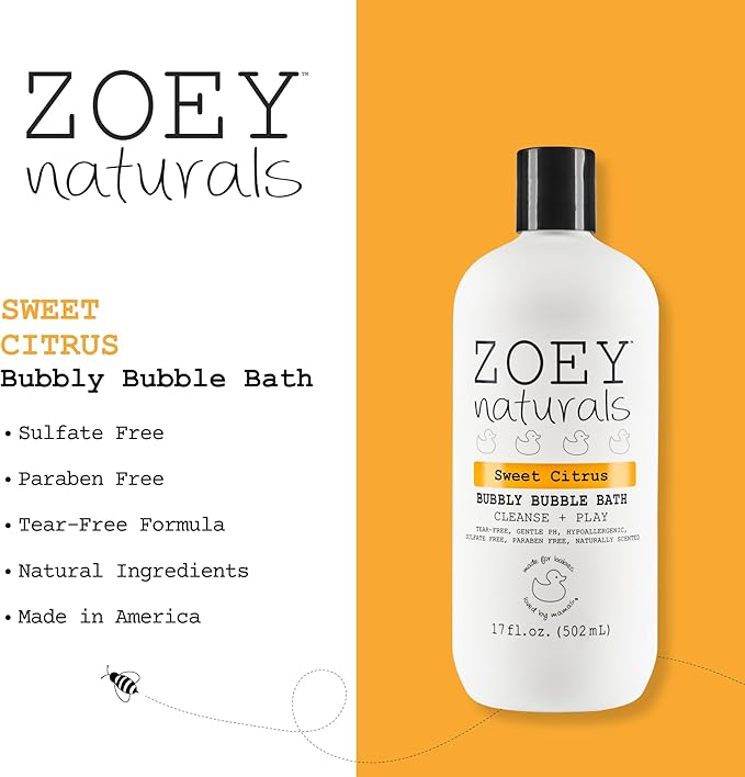 Zoey Naturals - Sweet Citrus Bubble Bath for Kids &amp Babies - Organic Tear-Free Non-Toxic Toddler Soap with Moisturizing Aloe &amp Avocado Oil - Long Lasting Bubbles - Made in USA 17 oz