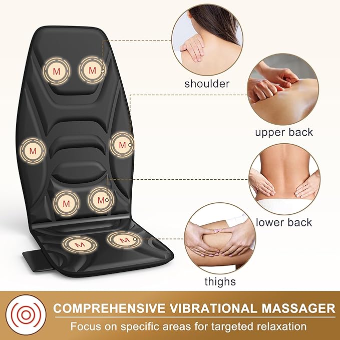 Back Massager Chair Pad with Heat Back Massager for Back Pain Relief Chair Massager with Vibration Portable Massage Chair Pad for Office Use Matte Black