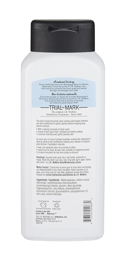 JR Watkins Natural Daily Moisturizing Body Wash Coriander &amp Cedar 6 Pack Hydrating Shower Gel for Men and Women Free of SLS USA Made and Cruelty Free 18 fl oz