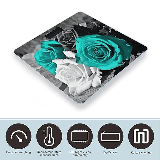 Black White Teal Gray Rose Flowers Scale for Body Weight Sturdy Tempered Glass Weighing Scales with LCD Display Accurate Digital Bathroom Scale Convenient Body Fat Smart Scales Easy Read