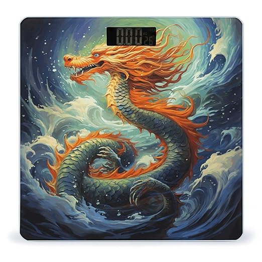 Chinese Dragon Oil Painting Scale for Body Weight Anti-Slip Tempered Glass Digital Bathroom Scales Clear LCD Display Weighing Scale Safe Rounded Corners Smart Scales
