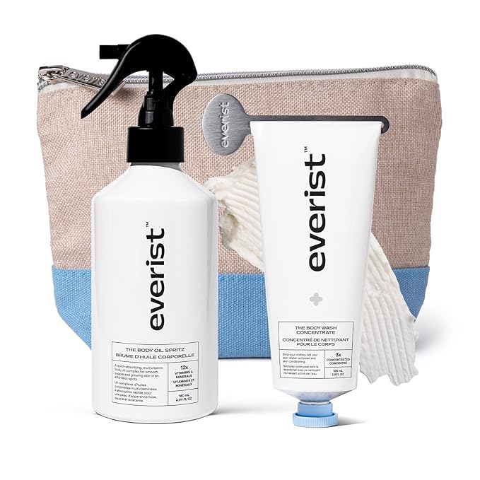 Everist The Hydrating Body Ritual Set 3.4 fl. oz Body Wash Concentrate &amp 6.09 fl. oz Post Shower Body Spritz in Jute Travel Bag Cleansing &amp Hydrating For All Skin Types