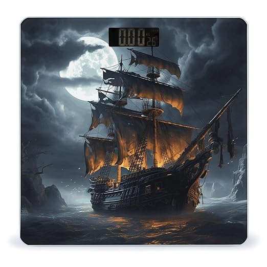 Pirate Sailboat Full MoonScale for Body Weight with LCD High Precision Weighing Scales Fashion Sturdy Tempered Glass Weight Scales Easy-to-Read Digital Bathroom Scale for Daily 400lb