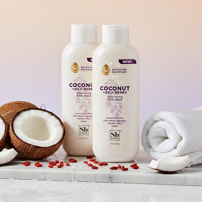 Soapbox Body Wash Coconut + Goji Berry Body Wash for Women Men Vegan + Antioxidant Rich Moisturizing Soap with Shea Butter Peptides &amp Keratin Promoting B3 3 Pack 20oz Each