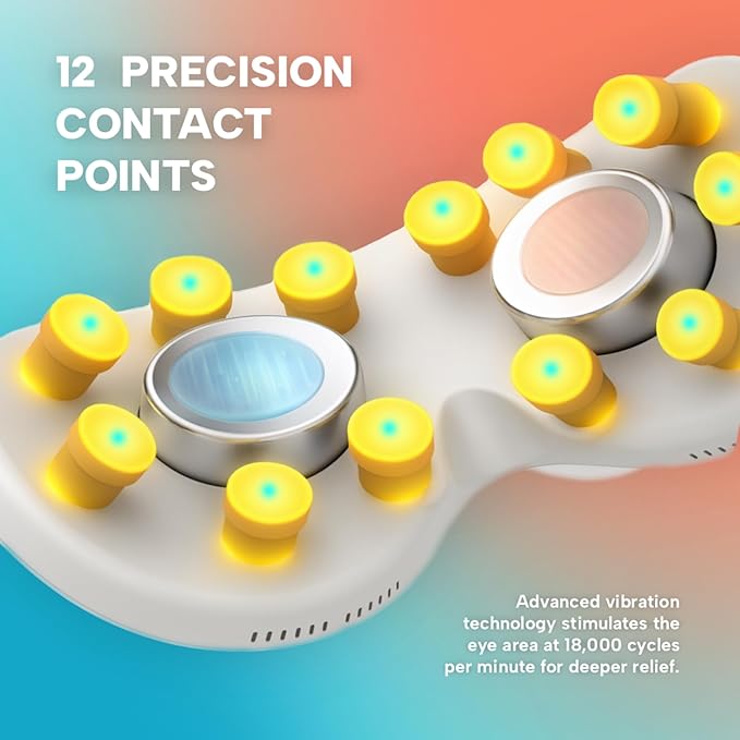 Eye Massager with Heat &amp Cooling | 12 Precision Massage Nodes | Bluetooth Music | 4 Massage Modes | 2400mAh Battery | Relaxation for Eye Strain Dry Eyes Stress &amp Headaches
