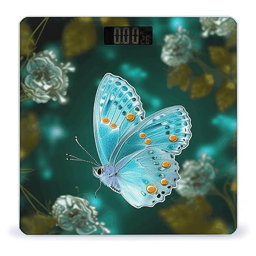 Light Blue Butterfly Scale for Body Weight Anti-Slip Sturdy Tempered Glass Weighing Machine Highly Digital Accurate Bright LCD Bathroom Scale for Household Gift