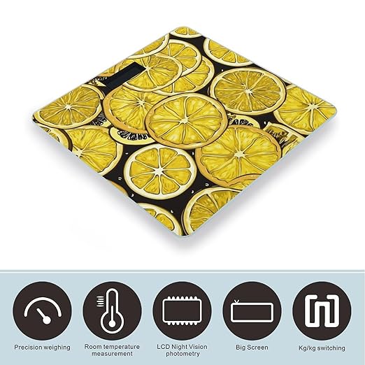 Sliced Lemon Wallpaper Scale for Body Weight Anti-Slip Digital Bathroom Scale Sturdy Toughened Glass Weighing Scales High Precision Safe Rounded Corners Smart Scales