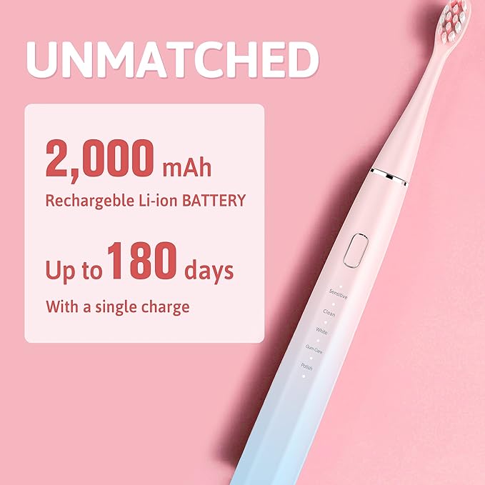Oday N9000 Sonic Electric Toothbrush 90% End-Rounding 10 YR Warranty 2000 mAh Battery (180 Days) IPX7 Waterproof 43000 VPM (2nd Gen. 3S Sonic Motor) 5 Modes with Smart Timer 6 Brush Heads
